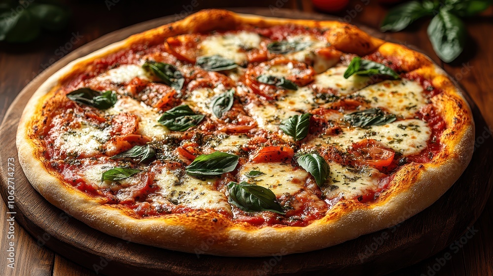 Italian Margherita pizza on rustic wood, fresh basil and tomatoes enhancing the vibrant colors, simple yet inviting presentation Italian Margherita pizza on rustic wood, fresh basil and tomatoes enhancing the vibrant colors, simple yet inviting presentation