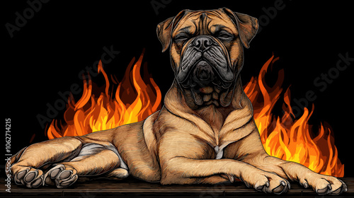 Majestic Boxer Dog in Front of Intense Fire Illustration, Bold and Fierce Canine Art, Vibrant Flames, Realistic Dog Portrait, Stunning Animal Imagery photo