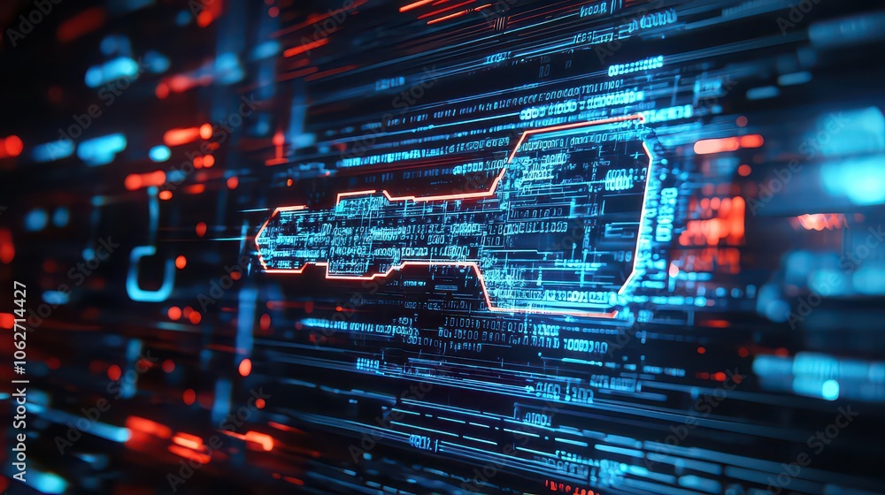 Digital Key. Virtual key hovering over a digital vault representing data encryption and technology protection. Digital Key. Virtual key hovering over a digital vault representing data encryption and technology protection.