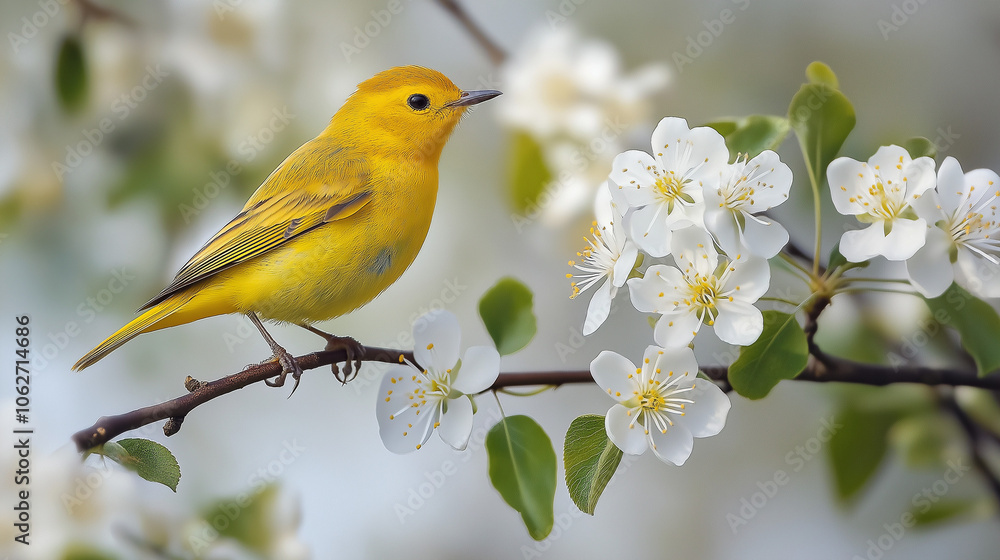 Yellow warbler bird perched on the branches filled with white flowers