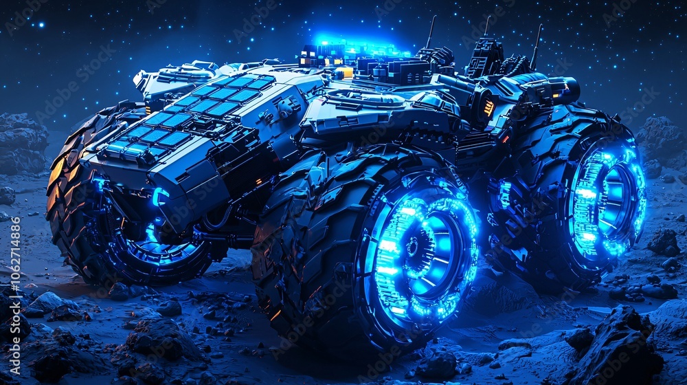 Explore the cosmos with a futuristic space exploration tank featuring thrusters and double-exposure effects Explore the cosmos with a futuristic space exploration tank featuring thrusters and double-exposure effects