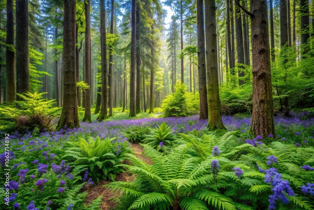 Dense forest with tall trees, ferns, and wildflowers in shades of green, blue and purple, flowers, trees Dense forest with tall trees, ferns, and wildflowers in shades of green, blue and purple, flowers, trees