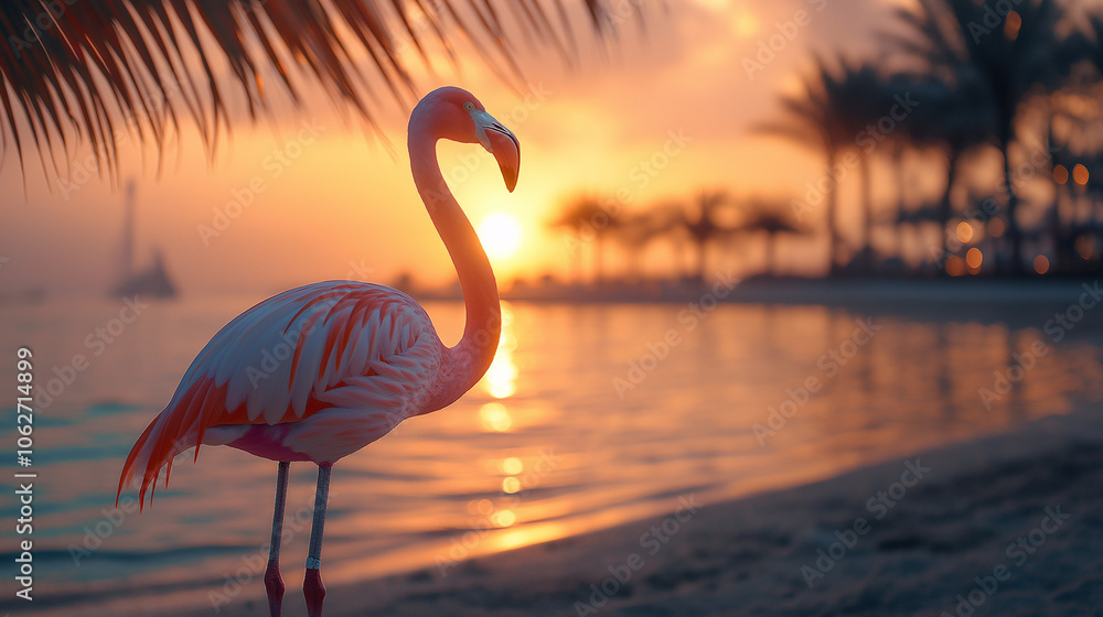 Fototapeta premium Flamingo standing on the sandy beach during sunset