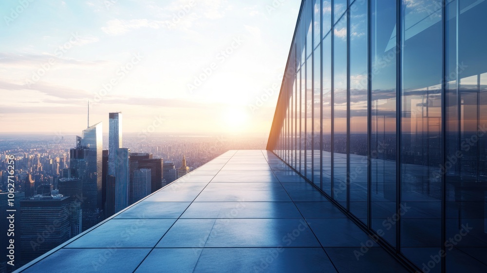 An empty rooftop with a view of a city skyline at sunset. An empty rooftop with a view of a city skyline at sunset.