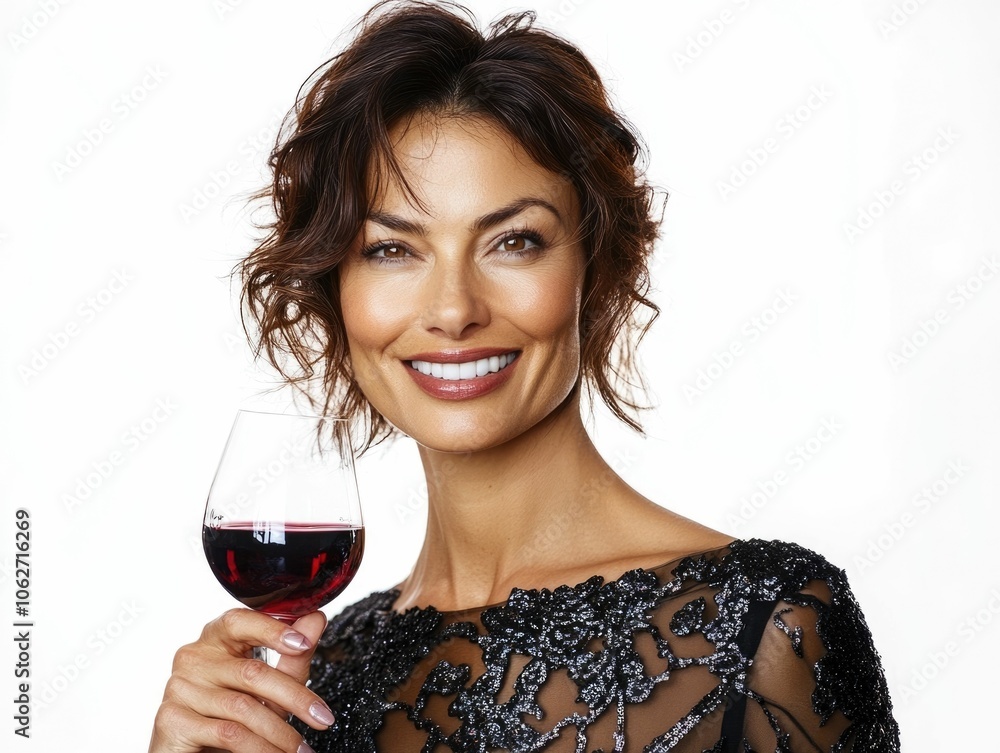 Portrait of a sophisticated and stylishly dressed Italian woman holding a glass of red wine showcasing a radiant and cheerful smile against a clean white background Portrait of a sophisticated and stylishly dressed Italian woman holding a glass of red wine showcasing a radiant and cheerful smile against a clean white background