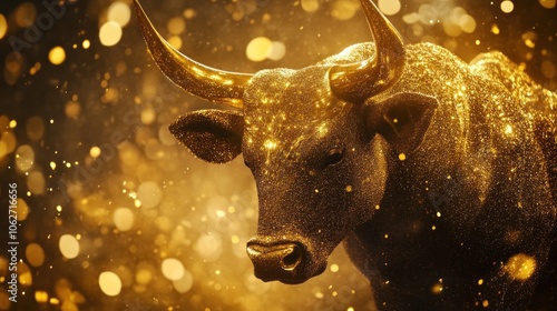 A golden bull with sparkling bokeh background symbolizes wealth and prosperity.