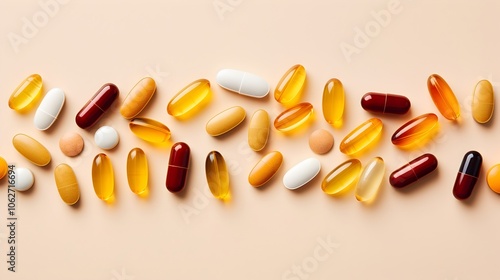 Vibrant capsules tablets and organic based supplements including sleek oil softgels arranged in a minimalist flat lay design on a soft beige background with technological details and ample copy space photo