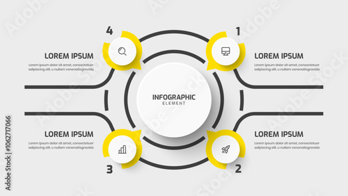 Flowchart Infographic with 4 Circle Label Connected to Main Circle. Suitable for Process Diagram, Presentations, Workflow Layout, Banner, Flow Chart