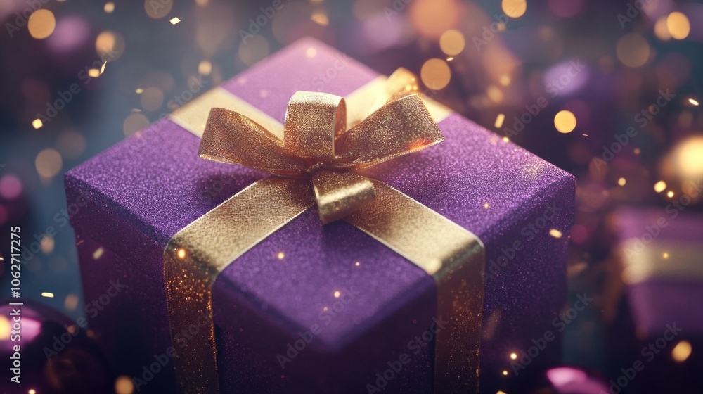 Realistic violet gift box with golden ribbon and particles for special occasions. Realistic violet gift box with golden ribbon and particles for special occasions.