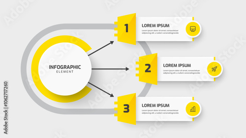 Business Central Circle Infographic Template with Yellow Color, Abstract Design, Line ,3 Numbers and Icon. Suitable for Process Diagram, Presentations, Workflow Layout, Banner, Flow Chart