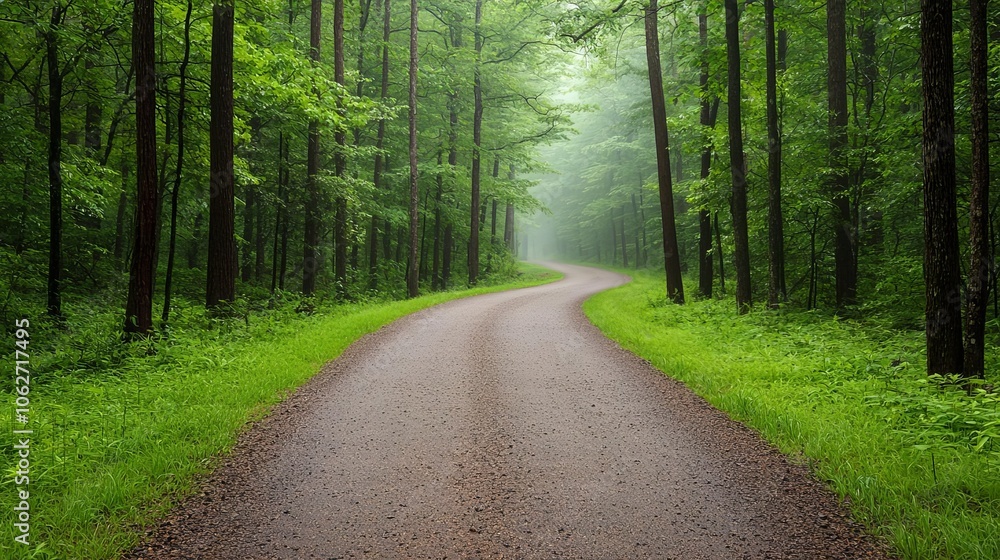 Obraz premium Ethereal mist background in a forest path at dawn