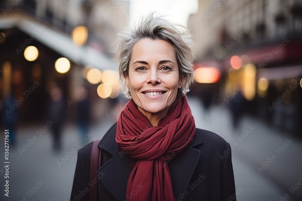 Portrait of a smiling middle-aged woman walking in the city Portrait of a smiling middle-aged woman walking in the city