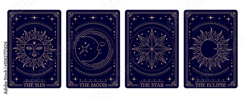Magic tarot cards, mystic esoteric occult frames showcase intricate patterns and occult symbols like stars, sun and crescent moon. Vector spiritual supernatural cards for astrology and fortune telling