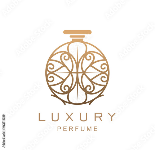 Luxury perfume fragrance icon of bottle with ornate oriental ornament, vector emblem. Luxury perfumery salon and aroma essence product sign of golden vial bottle of perfume or cologne water