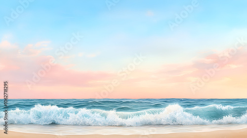 Expressive watercolor seascape painting depicting ocean waves breaking on a tranquil sea