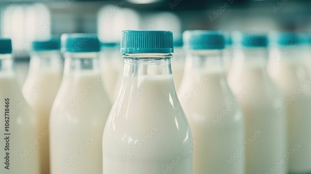Freshly produced milk being bottled on an automated assembly line at a farm with a blurred background showcasing the depth of field and the industrial equipment used in the dairy processing Freshly produced milk being bottled on an automated assembly line at a farm with a blurred background showcasing the depth of field and the industrial equipment used in the dairy processing