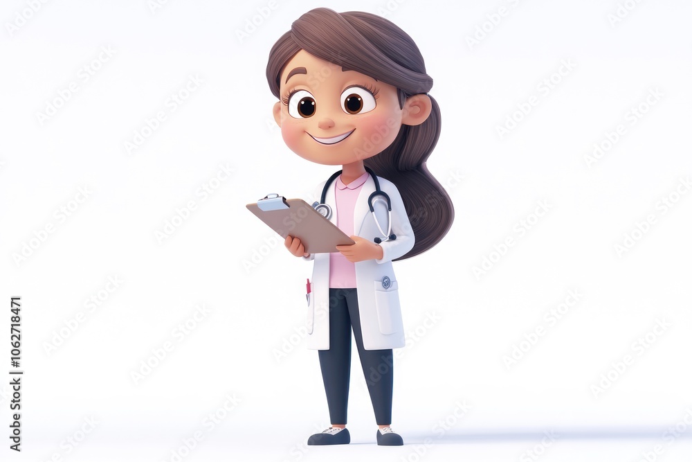 A 3D Cartoon Female Doctor Holding a Clipboard and Wearing a Stethoscope A 3D Cartoon Female Doctor Holding a Clipboard and Wearing a Stethoscope