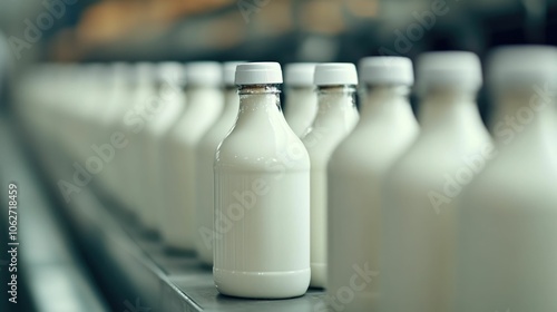 Freshly produced milk being bottled and packaged on an automated assembly line at a rural dairy farm