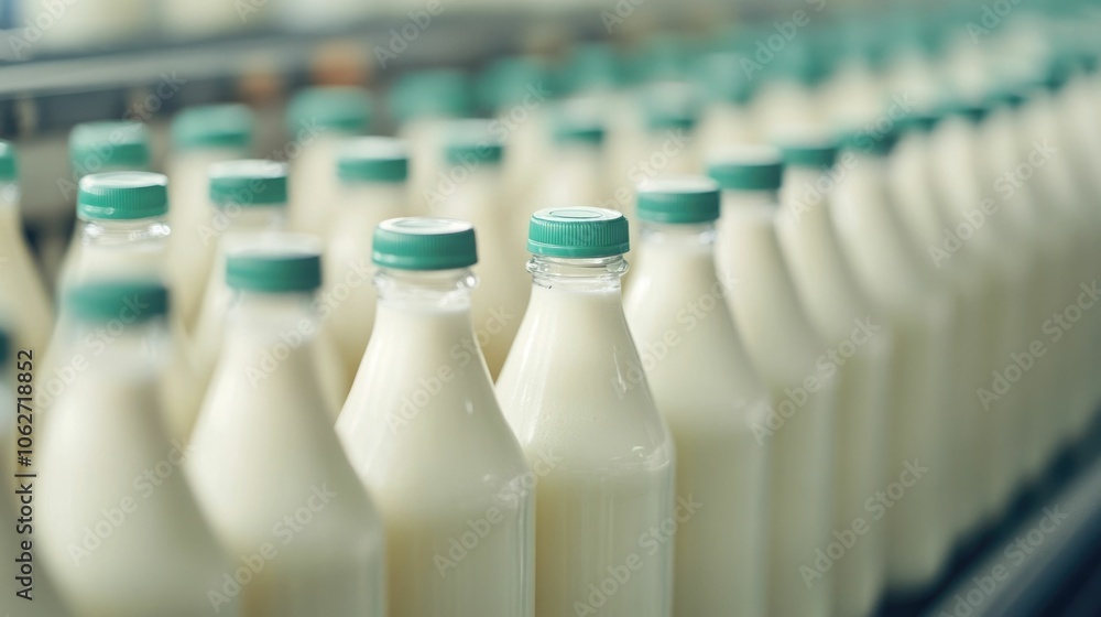 Closeup view of a small scale dairy farm s production line showcasing the process of milk bottles being capped and labeled for distribution and sale Closeup view of a small scale dairy farm s production line showcasing the process of milk bottles being capped and labeled for distribution and sale