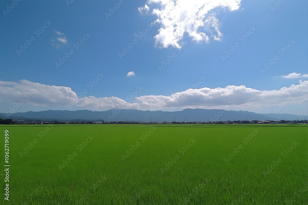 A lush rice paddy field with bright sun. A lush rice paddy field with bright sun.