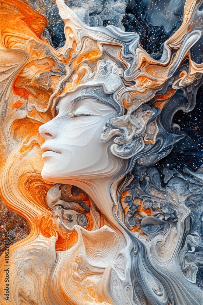 A beautiful sculpture of a woman made of waves, with light orange and dark indigo hues, set against a cosmic background. A beautiful sculpture of a woman made of waves, with light orange and dark indigo hues, set against a cosmic background.