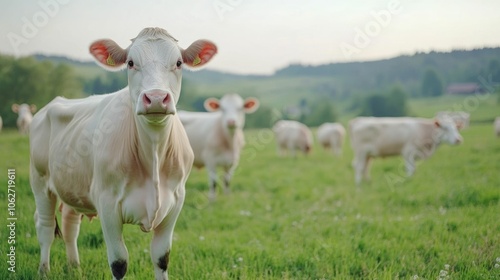 Organic dairy cows grazing peacefully in a lush verdant pasture producing nutrient rich milk that is naturally high in vitamins and minerals The deep depth of field creates a soft