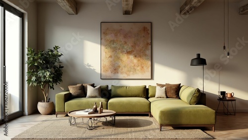 Inviting Earthy Living Room with Bold Sectional Sofa and Abstract Art photo