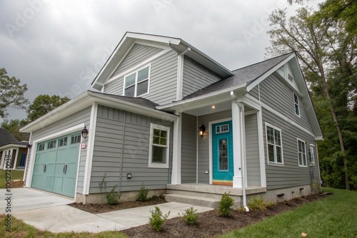 Gray New Construction Modern Cottage Home with Hardy Board Siding and Teal Door with Curb Appeal