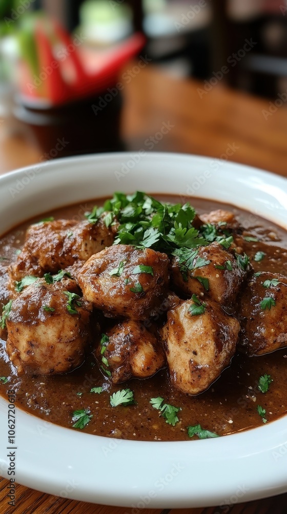 Mole Poblano with Chicken, vibrant and flavorful sauce enveloping tender chicken, elegantly presented with minimal garnish Mole Poblano with Chicken, vibrant and flavorful sauce enveloping tender chicken, elegantly presented with minimal garnish