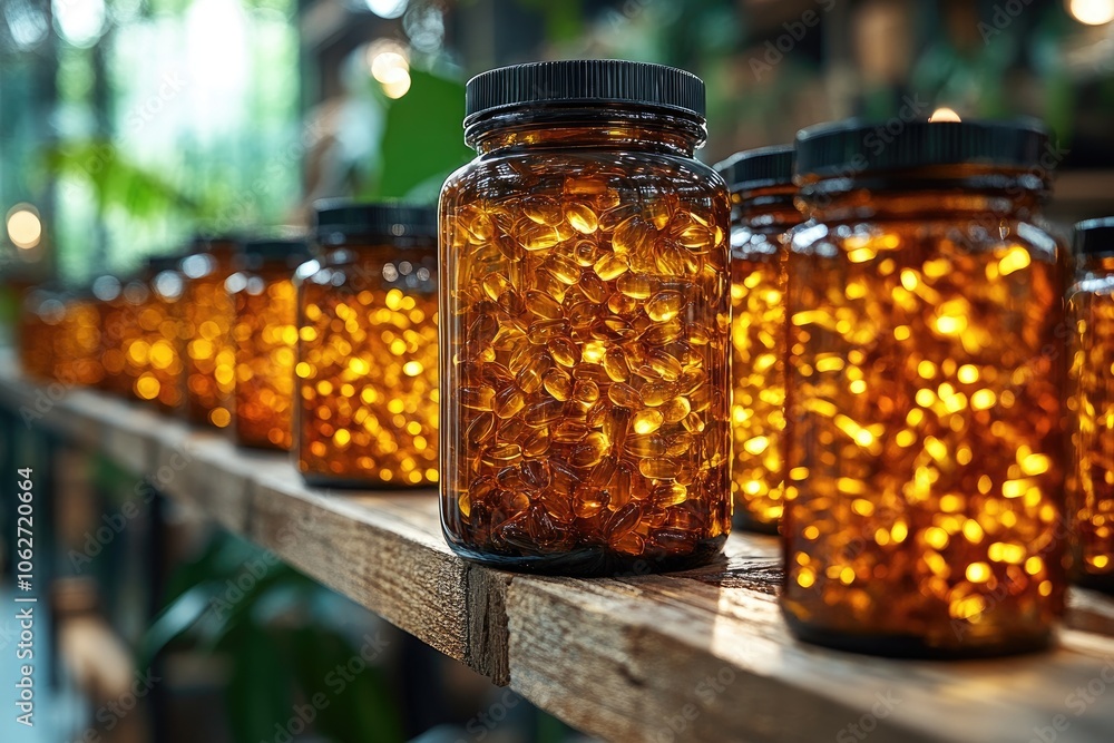 Amber Glass Bottles Filled with Yellow Capsules on a Wooden Shelf Amber Glass Bottles Filled with Yellow Capsules on a Wooden Shelf