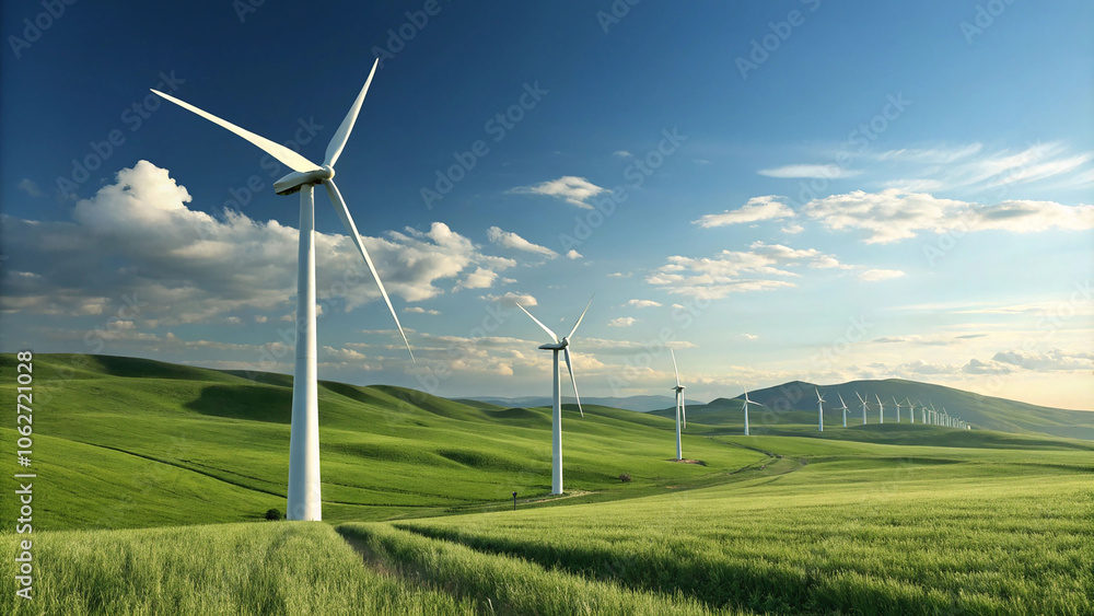 Wind turbines spinning in an open field under a clear blue sky Wind turbines spinning in an open field under a clear blue sky