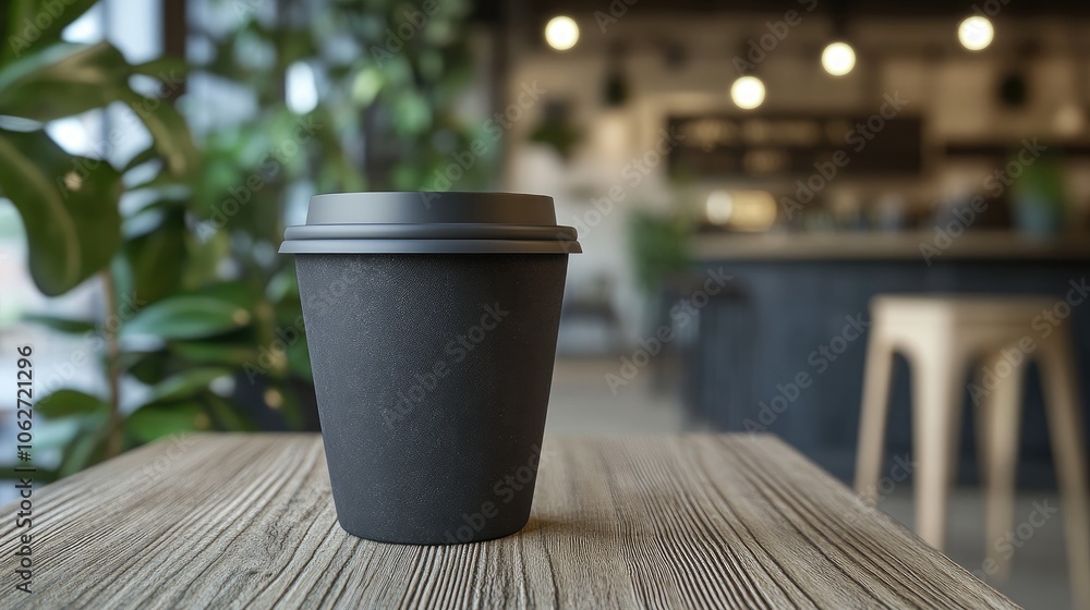 Black Coffee Cup on Wooden Table in Modern Café