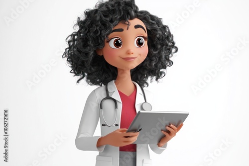 Wallpaper Mural A Cartoon Female Doctor with Curly Hair Uses a Tablet Torontodigital.ca