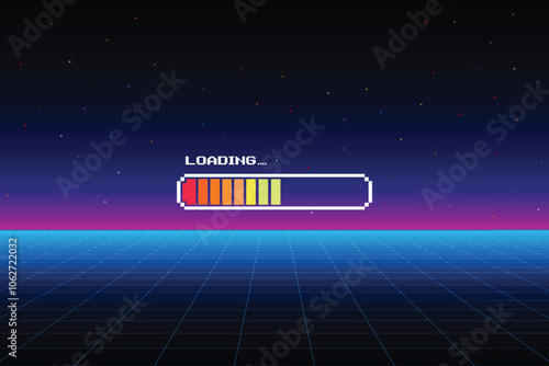 LOADING bar .pixel art .8 bit. retro game. for game assets in vector illustrations. Retro Futurism Sci-Fi Background. glowing neon grid and star from vintage arcade computer games.