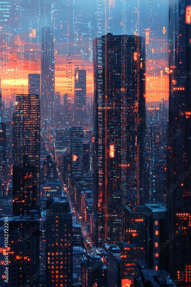 A cityscape at dusk, skyscrapers reflecting the sky with digital data streams floating above them. The buildings have glass facades. A cityscape at dusk, skyscrapers reflecting the sky with digital data streams floating above them. The buildings have glass facades.