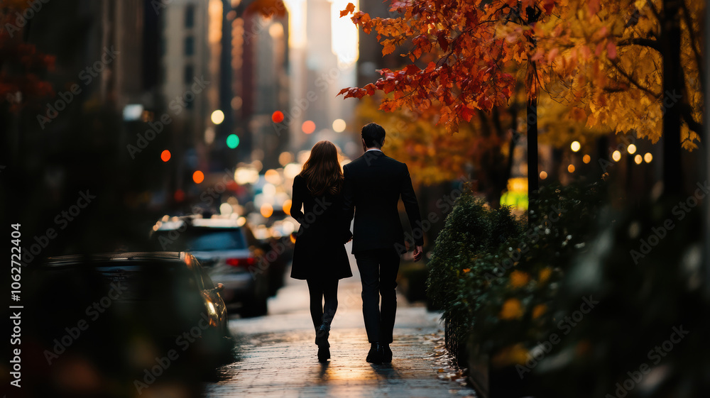 A couple walking down a city street in the fall. The man is wearing a suit and the woman is wearing a coat. The street is busy with cars and traffic lights A couple walking down a city street in the fall. The man is wearing a suit and the woman is wearing a coat. The street is busy with cars and traffic lights