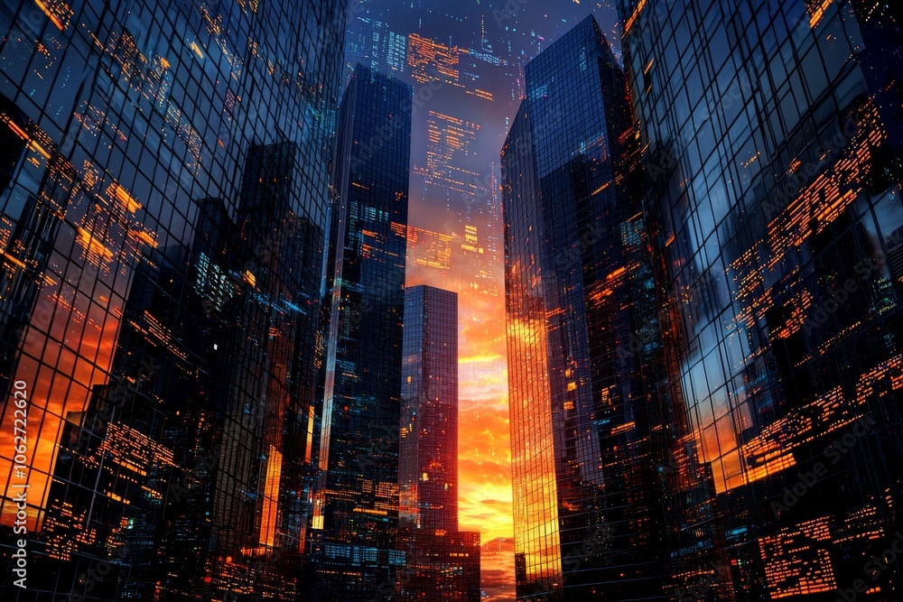 A cityscape at dusk, skyscrapers reflecting the sky with digital data streams floating above them. The buildings have glass facades. A cityscape at dusk, skyscrapers reflecting the sky with digital data streams floating above them. The buildings have glass facades.