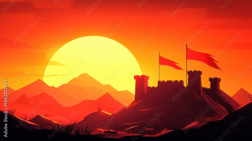 Obraz premium A bold silhouette of a castle against a vibrant sunset, featuring mountains in the background and flags fluttering in the warm, colorful sky.