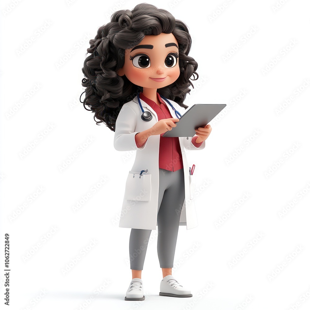 Cartoon Doctor Woman Wearing White Coat Holding Tablet Cartoon Doctor Woman Wearing White Coat Holding Tablet