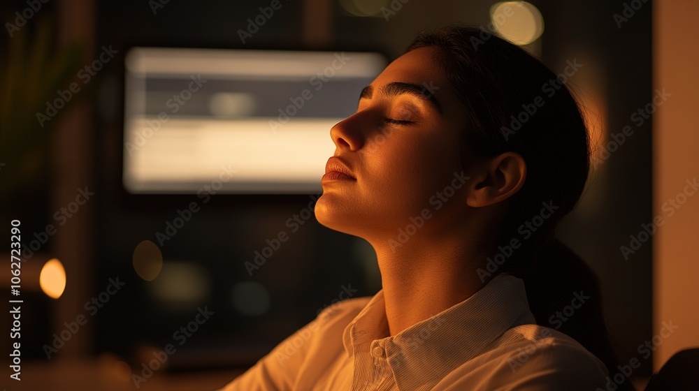 Fototapeta premium woman sitting at desk with head tilted back, eyes closed, and mouth slightly open, appearing to fall asleep during workday. Tired office worker amidst stress and fatigue in typical office