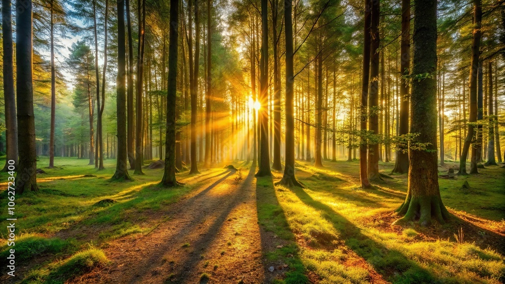 Fototapeta premium Evening in the forest with warm golden light casting long shadows across the forest floor and trees, evening, forest