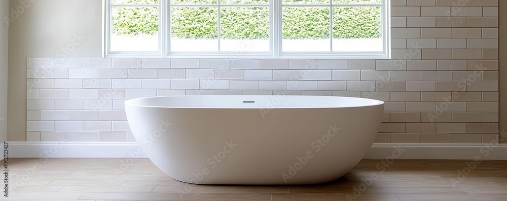 A modern white freestanding bathtub in a stylish bathroom with natural light streaming through large windows, creating a serene and relaxing atmosphere. A modern white freestanding bathtub in a stylish bathroom with natural light streaming through large windows, creating a serene and relaxing atmosphere.