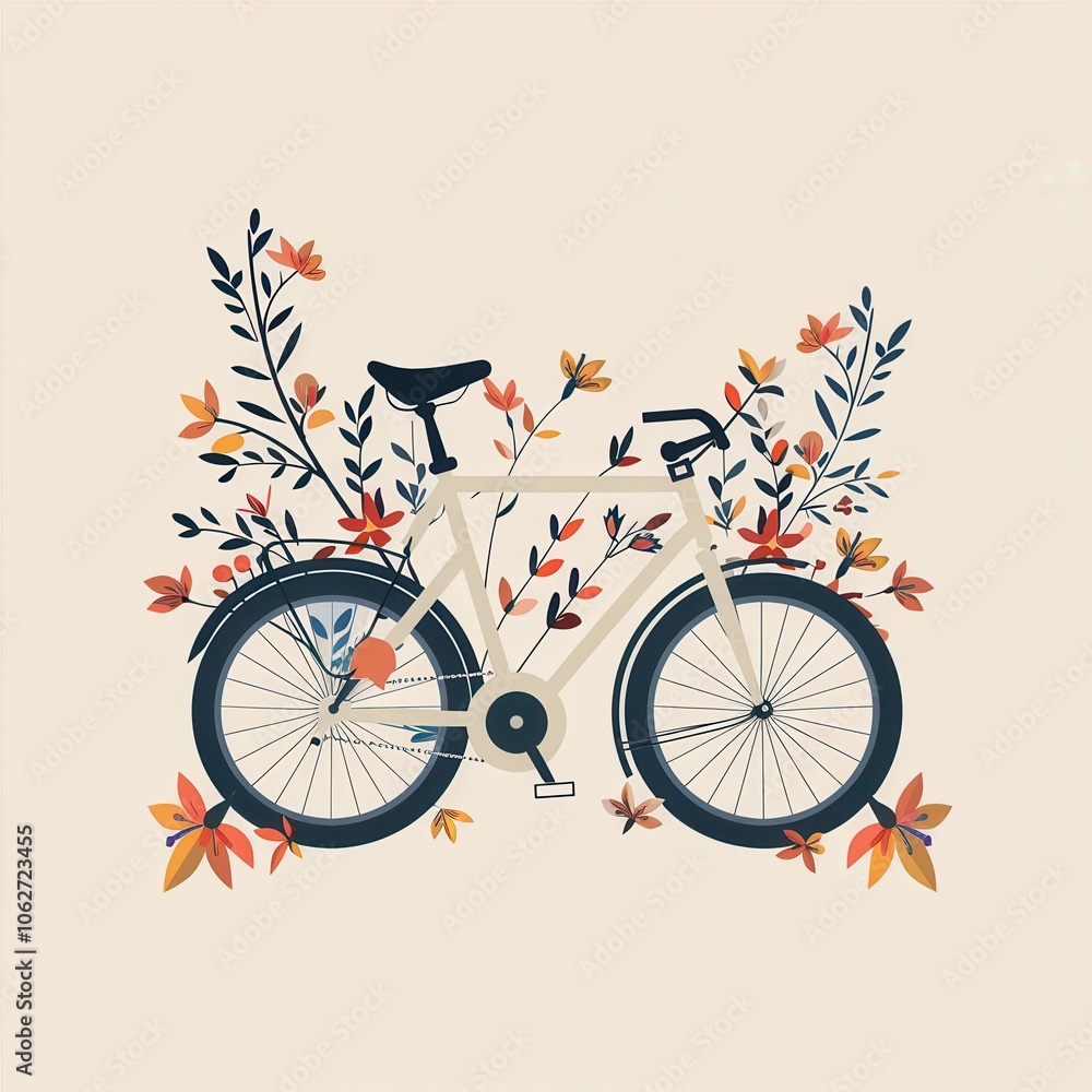 Fototapeta premium A minimalist chic depiction of a bicycle with flowers, flat illustration, graphic t-shirt design 
