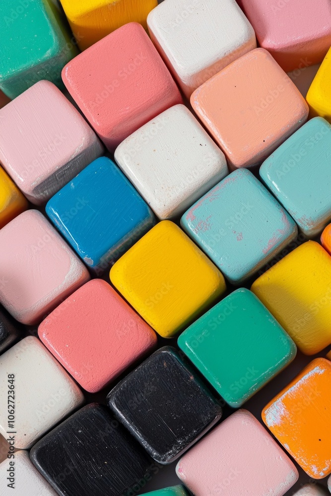 A close-up of colorful cubes, arranged in an abstract pattern, creating a visually appealing and playful composition. The cubes have different colors. A close-up of colorful cubes, arranged in an abstract pattern, creating a visually appealing and playful composition. The cubes have different colors.