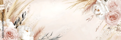 Modern beige and blush trendy design banner. Pastel pampas grass, fern, white peony, pale magnolia, ranunculus, pink rose. Watercolor brush texture.Wedding boho card. Generative Ai