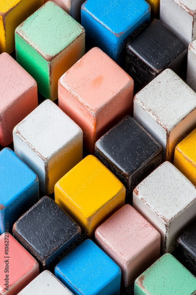 A close-up of colorful cubes, arranged in an abstract pattern, creating a visually appealing and playful composition. The cubes have different colors. A close-up of colorful cubes, arranged in an abstract pattern, creating a visually appealing and playful composition. The cubes have different colors.