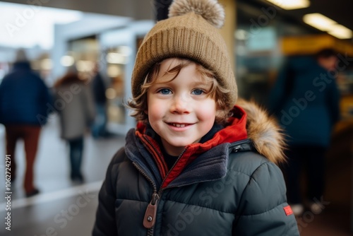 Portrait of a cute little boy in winter coat and hat smiling at camera