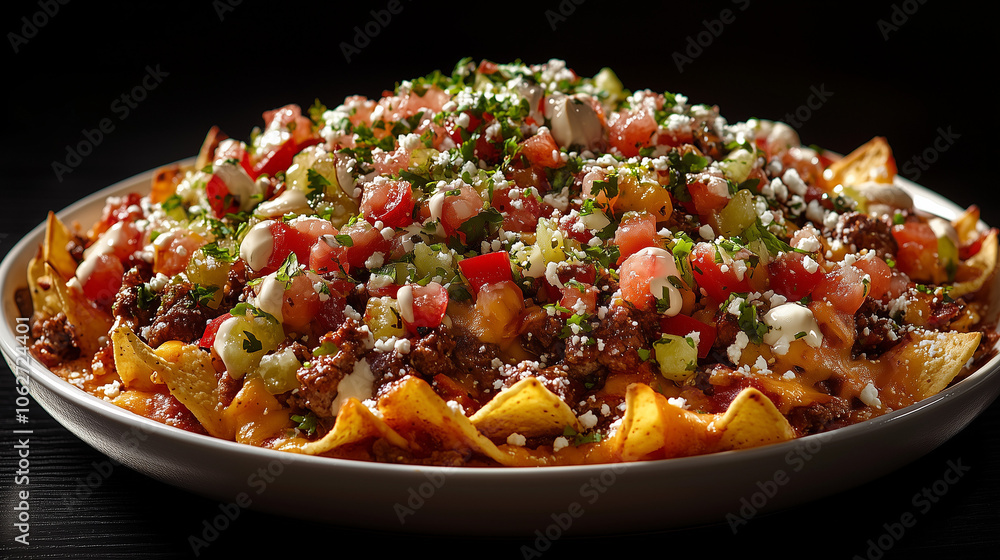 Loaded beef nachos with cheese, tomatoes, and toppings on white plate Loaded beef nachos with cheese, tomatoes, and toppings on white plate