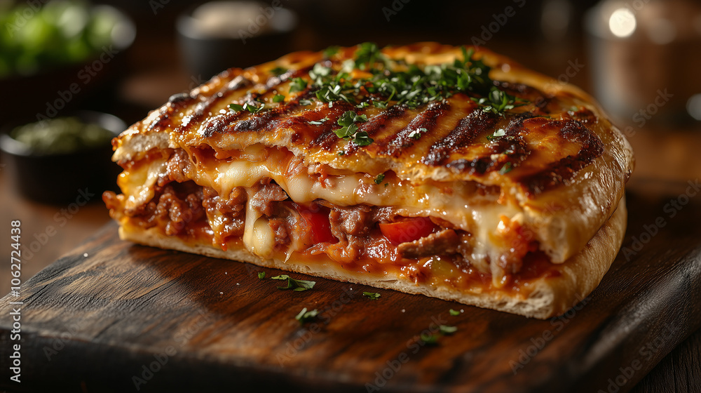 Stuffed calzone with meat and cheese sliced on wooden board Stuffed calzone with meat and cheese sliced on wooden board