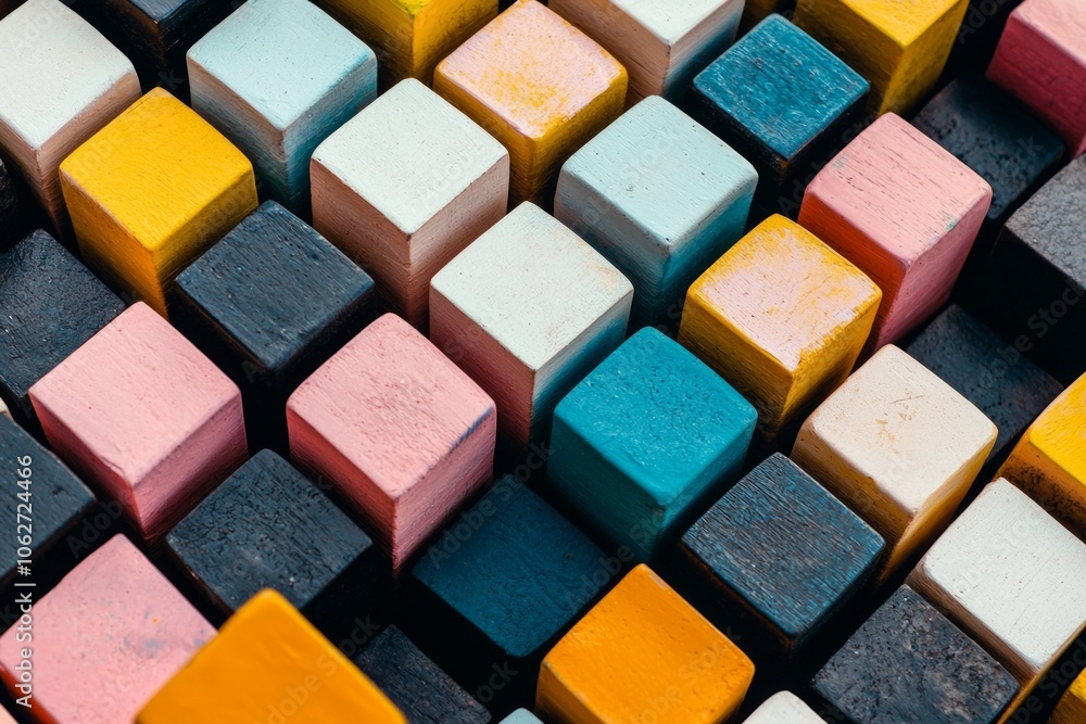 A close-up of colorful cubes, arranged in an abstract pattern, creating a visually appealing and playful composition. The cubes have different colors. A close-up of colorful cubes, arranged in an abstract pattern, creating a visually appealing and playful composition. The cubes have different colors.